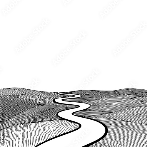 A winding white road stretches through a landscape of fields and hills in a black and white illustration
