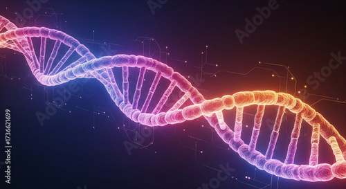 Futuristic Glowing DNA Double Helix 3D Render in Neon Colors.