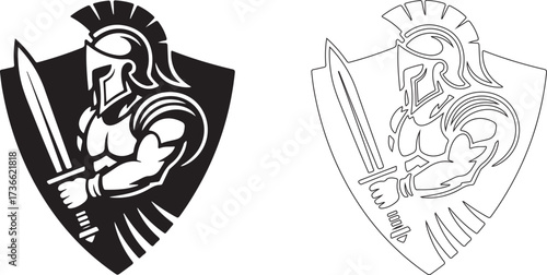Powerful Muscular Spartan Warrior with Sword and Shield Mascot