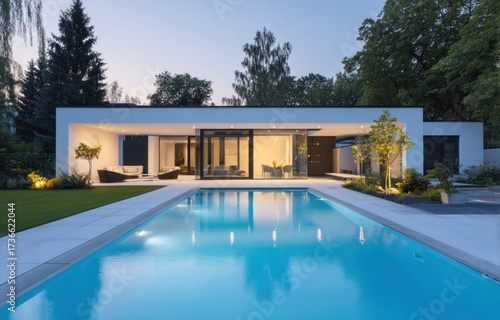 Wallpaper Mural A modern, light-filled home with an expansive pool area, bathed in the soft evening light. Torontodigital.ca