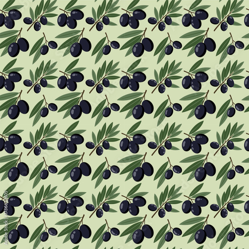 Seamless pattern black olive branches on green background vector illustration. Print, perfect for branding, packaging, and business products. Concept of nature, healthy food, farm vegetables