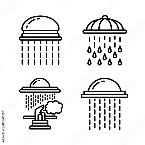 Set of four black line art icons representing different types of showers, including rain showers and a safety or decontamination shower.