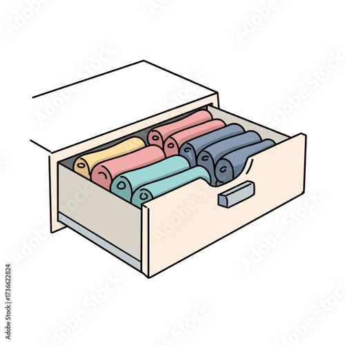 Rolled towels neatly arranged in drawer with pastel colors  