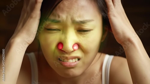 Person with sinus pressure and congestion, visualized with a glowing sinus overlay.