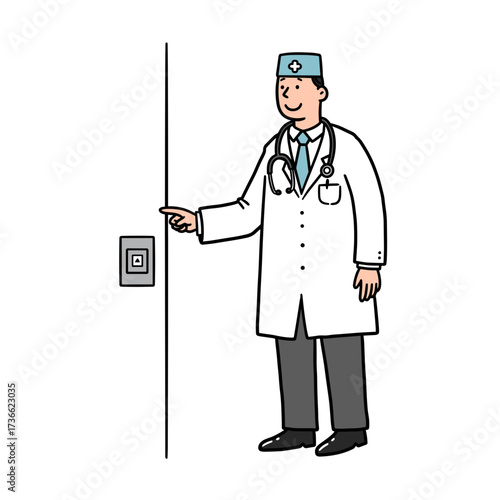 Doctor pressing elevator button with friendly demeanor in hospital  