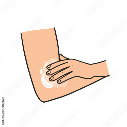 Elbow with lotion rubbed in by hand on white background  