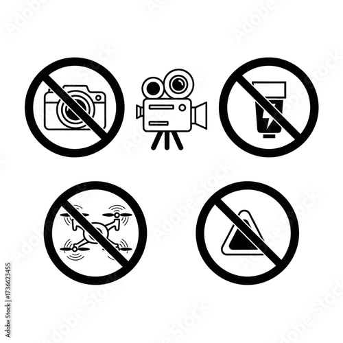 Prohibition signs indicating restrictions on photography, video recording, flash use, drones, and reflective objects.