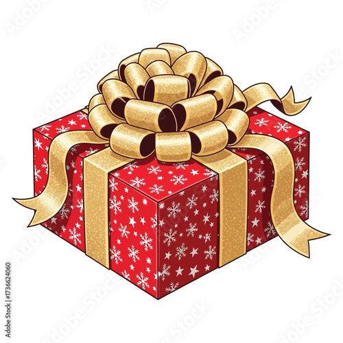 Red Gift Box with White Snowflakes and Gold Bow present.