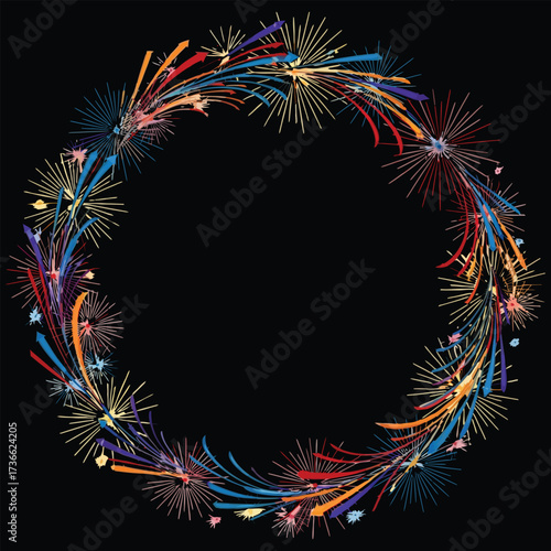 Colorful abstract fireworks wreath on black celebration.
