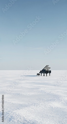 A grand black piano and its matching stool stand alone on a vast, textured white snowfield under a clear, pale blue sky, casting a long shadow.