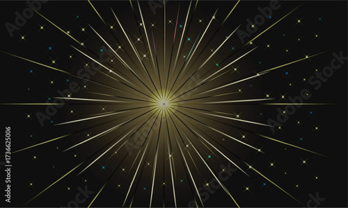 Golden Radial Star Burst with Glowing Energy Orb and Mystical Celestial Light Effects in Abstract Cosmic Background Design