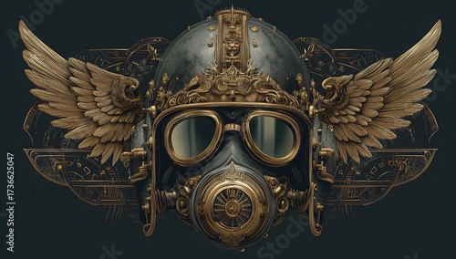 Dark Steampunk Art with Winged Gas Mask and Metal Gears. Generative AI