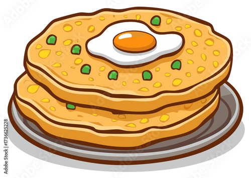 Stack of Indian savory pancakes topped with fried egg and peas served on a plate
