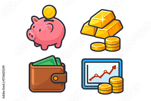 Financial symbols showing saving, investing, and growing wealth with a piggy bank, gold bars, wallet, and a chart