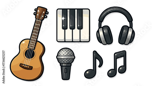 Musical instruments and equipment including guitar, piano, microphone, and headphones on a white background