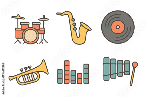 Colorful musical instruments and audio elements displayed in a creative layout featuring drums, saxophone, trumpet, and records