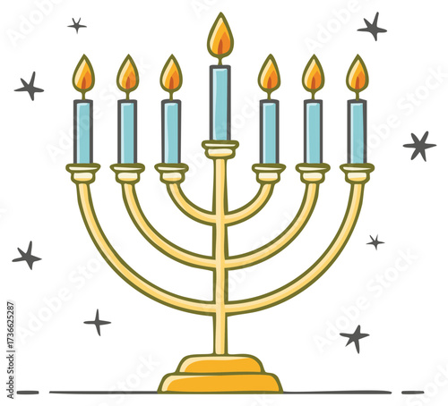Hanukkah menorah with lit candles and star decorations, vector illustration