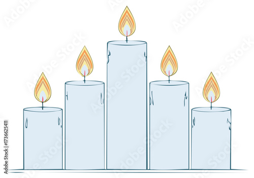 Illustration of Five Light Blue Candles with Bright Flames in Various Sizes