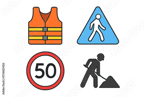 Safety symbols indicating construction zone, pedestrian area, and speed limit compliance in urban setting