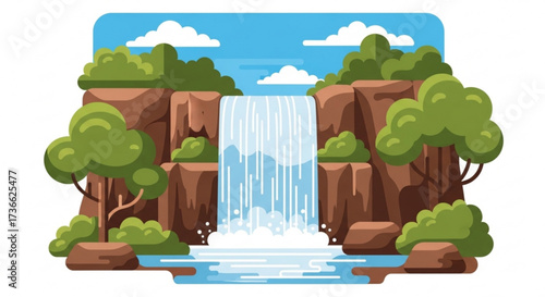 A beautiful waterfall cascading down a rocky cliff surrounded by lush green trees and bushes