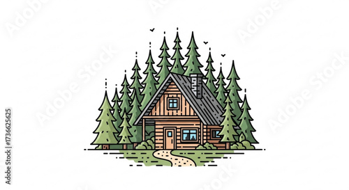 Illustration of a cozy cabin in the woods, surrounded by tall pine trees and a peaceful natural setting