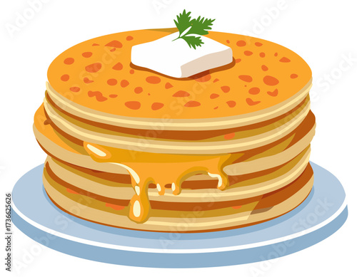 Pile of pancakes with butter, syrup, and garnish, on a plate, food vector illustration.