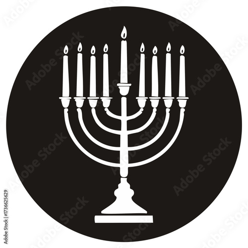 Menorah with Nine Lit Candles Representing Hanukkah on a Black Background, Symbol of Judaism