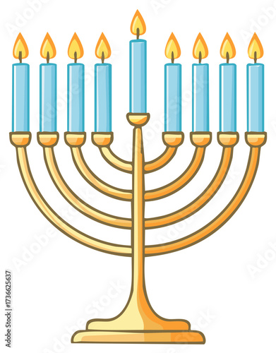 Golden Hanukkah Menorah with Nine Lit Candles Cartoon Illustration