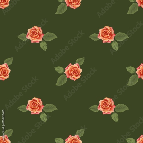 Wallpaper Mural Seamless floral pattern features individual, detailed coral-pink roses with green leaves, scattered across a solid dark olive-green background. The design has a rich, romantic, and slightly vintage  Torontodigital.ca