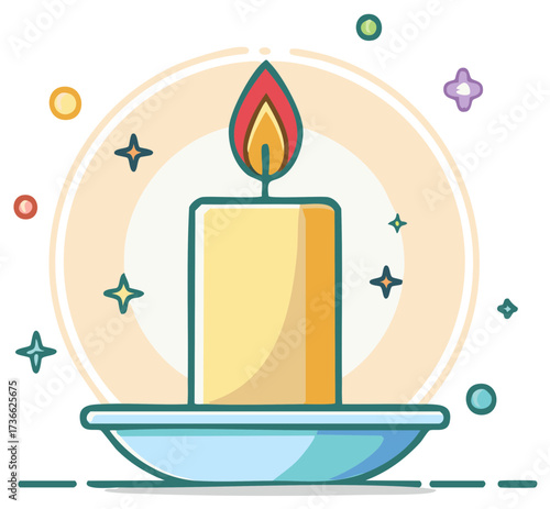 Vector illustration of a burning candle on a candlestick with decorative stars