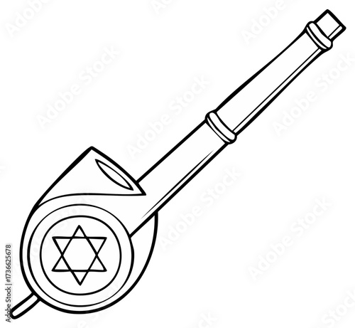 Black and white illustration of a wooden grogger with a Star of David design.