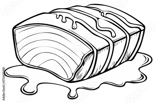 Detailed outline drawing of a sweet dessert slice with drizzled icing perfect for a coloring book