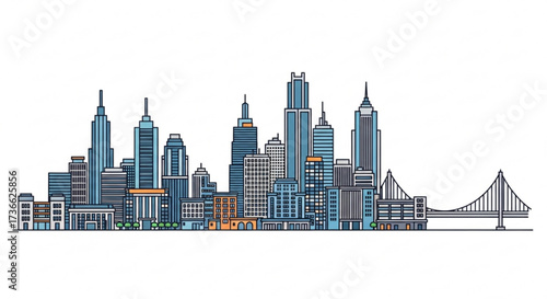 City skyline a detailed illustration of a modern city skyline with various buildings and a bridge in the distance