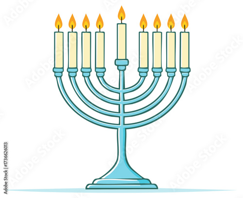 Illustration of a menorah with nine lit candles glowing brightly on a white background