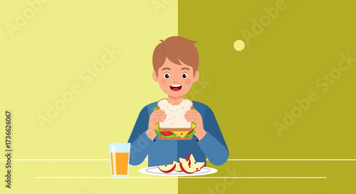Cheerful Young Person Enjoying a Delicious Sandwich Lunch With Refreshing Juice and Apples
