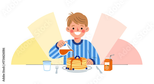 Cheerful Young Person Pouring Syrup on a Stack of Fluffy Pancakes at Breakfast
