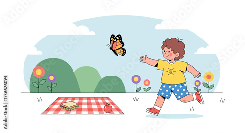 Cheerful Youngster Chasing Butterfly Enjoying Sunny Picnic in Summertime Park Scene