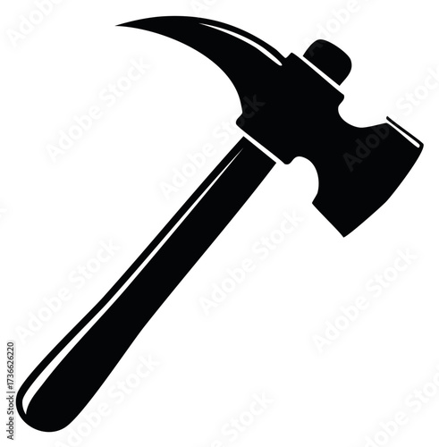 Black and white hammer silhouette, construction tool for building or repair.