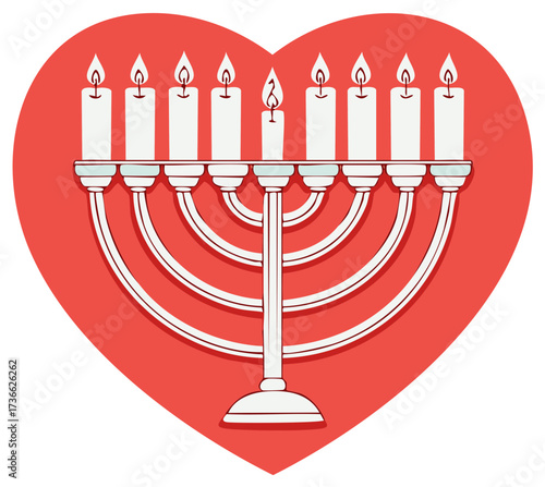 Hanukkah menorah with nine lit candles inside a red heart, a symbol of love for the Jewish holiday