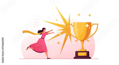 Celebrating Achievement: Woman Reaching Out Towards Trophy, Success, And Victory.