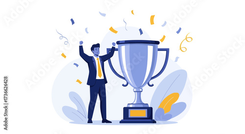 Celebrating Business Success Winning The Trophy Concept, Achieving Goals and Rewards.