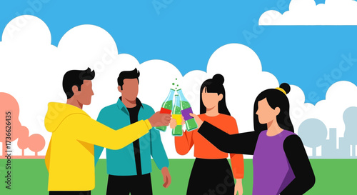 Celebrating Community, Cheers of Happiness with Colorful Bottles and Joyful Gatherings Outdoors