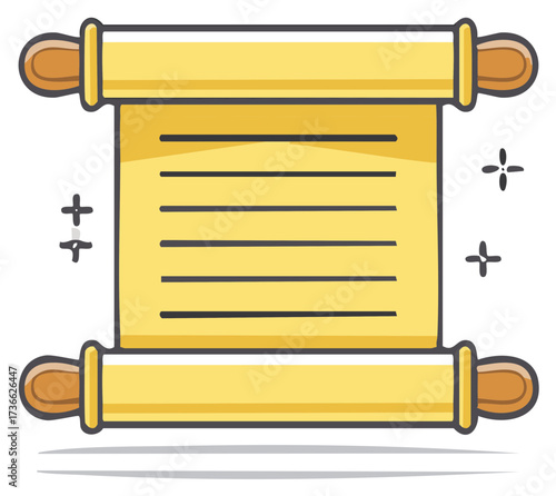 Animated scroll document with blank content ready for text, symbol sparkles and shadow
