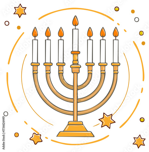 Hanukkah Menorah with Candles and Stars, Festive Holiday Celebration, Symbolic Ornamental Candlestick, Gold Illustration for Cultural Tradition