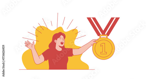Celebrating First Place, Victory, Gold Medal, Success, Achievement, Reward Is Shown