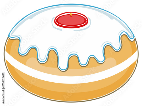 Cartoon jelly doughnut with white icing and red topping sweet dessert food illustration