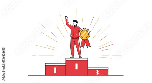 Celebrating Success: An Athlete Receives a Medal on Podium Vector Illustration