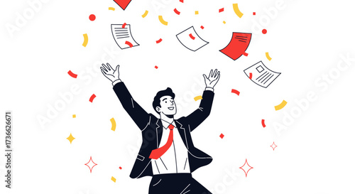 Celebrating Success Illustration with Papers and confetti in a clean, modern style and design