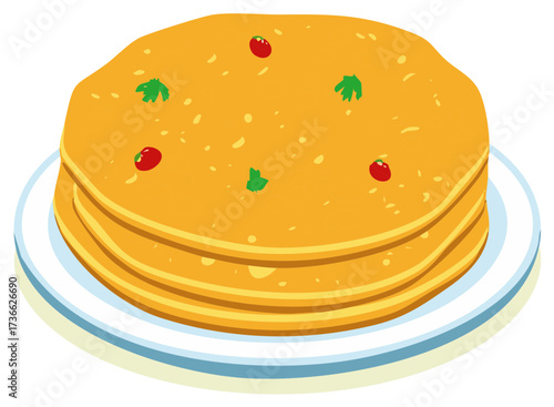 Stack of golden flatbreads on plate with vegetable garnish. Culinary dishes and food preparation for recipes.