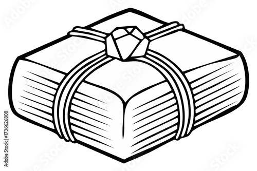 A stack of books tied with string and a gem on top in a black and white illustration